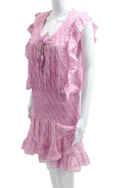 Bell Womens Mini Shirt Dress Pink Striped V Neck Cotton Sleeveless Boho Size XS