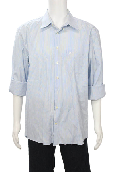 Barbour Mens Button-Down Dress Shirt Light Blue Striped Cotton Size L
