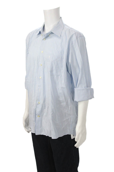 Barbour Mens Button-Down Dress Shirt Light Blue Striped Cotton Size L
