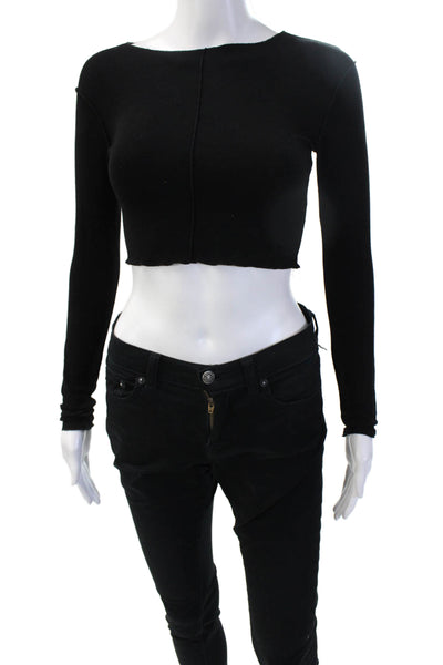 Zara Womens Cropped Basic Black Crew Neck Long Sleeve Top Size S