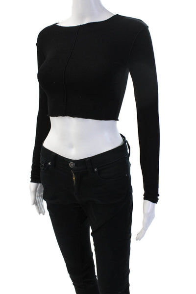 Zara Womens Cropped Basic Black Crew Neck Long Sleeve Top Size S