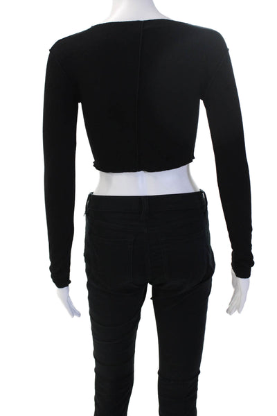 Zara Womens Cropped Basic Black Crew Neck Long Sleeve Top Size S