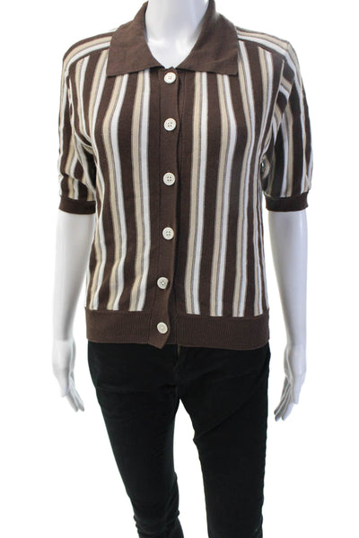 Zara Womens Brown Striped Collared Short Sleeve Cardigan Sweater Size S