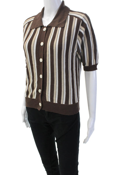 Zara Womens Brown Striped Collared Short Sleeve Cardigan Sweater Size S