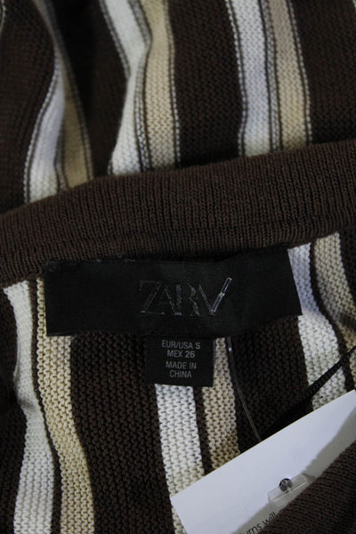 Zara Womens Brown Striped Collared Short Sleeve Cardigan Sweater Size S