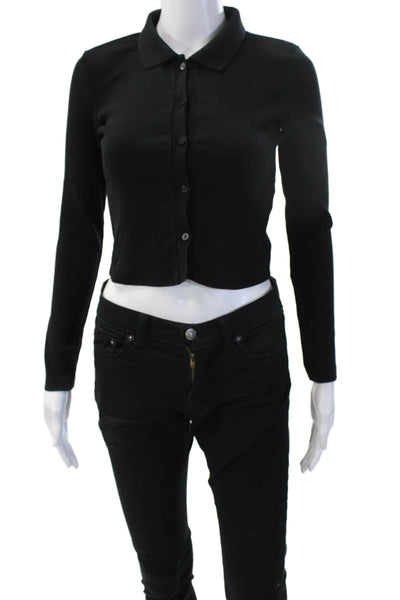 Zara Women Cropped Black Collared Button-Up Top Long Sleeve Size M