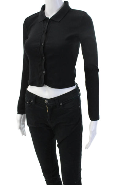 Zara Women Cropped Black Collared Button-Up Top Long Sleeve Size M