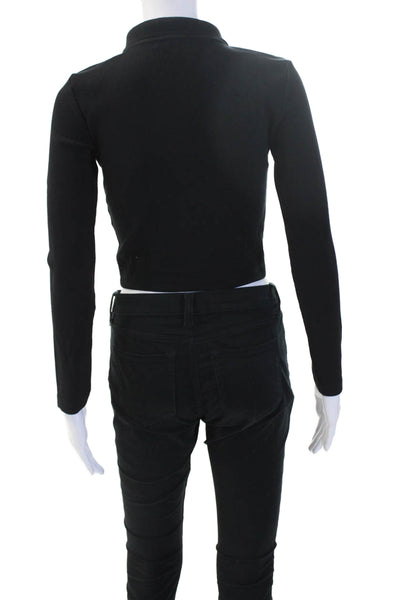 Zara Women Cropped Black Collared Button-Up Top Long Sleeve Size M