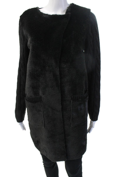 Marina V Women Black Solid Round Neck Long Sleeve Coatigan Size M