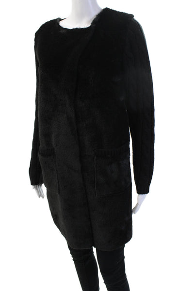 Marina V Women Black Solid Round Neck Long Sleeve Coatigan Size M