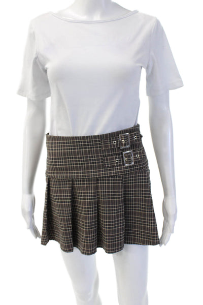 Bershka Womens Juniors Pleated Plaid Mini Skirt Beige Size XS