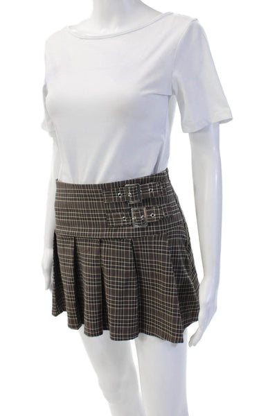 Bershka Womens Juniors Pleated Plaid Mini Skirt Beige Size XS