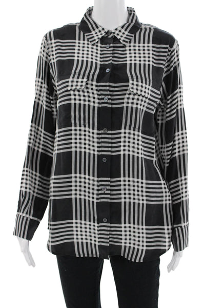 Equipment Femme Women Black Silk Plaid Collared Button-Up Long Sleeve Size M