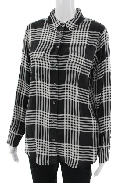 Equipment Femme Women Black Silk Plaid Collared Button-Up Long Sleeve Size M