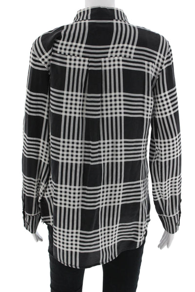 Equipment Femme Women Black Silk Plaid Collared Button-Up Long Sleeve Size M