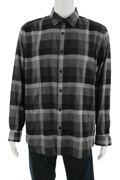 Theory Men's Collared Casual Button Down Black Plaid Shirt Size XL
