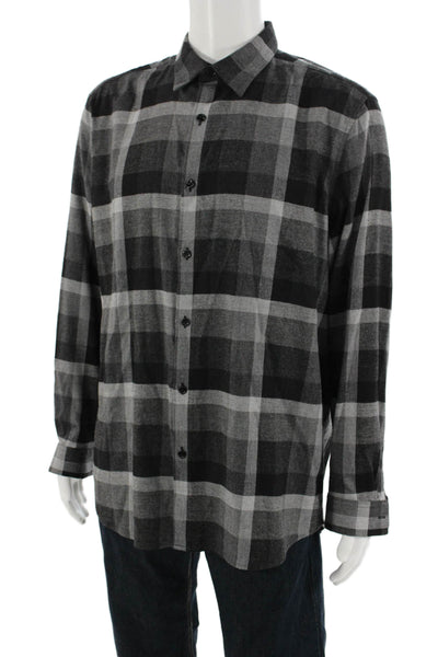 Theory Men's Collared Casual Button Down Black Plaid Shirt Size XL