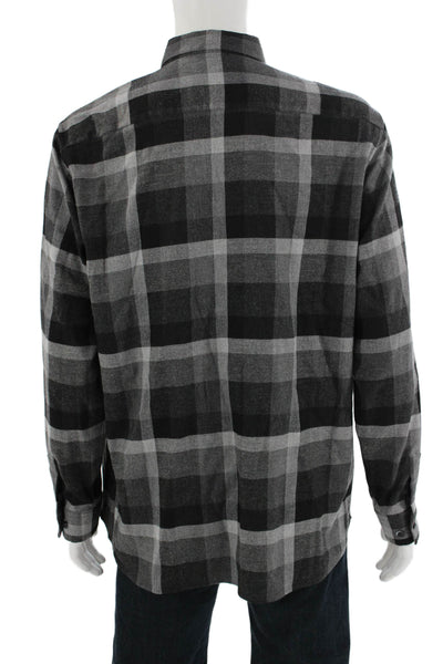 Theory Men's Collared Casual Button Down Black Plaid Shirt Size XL