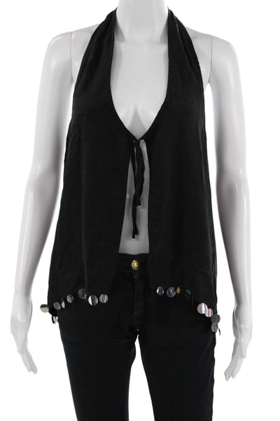 VRG GRL Womens Boho Sleeveless Drawstring Tank Top Black Cupro Rayon Size 6