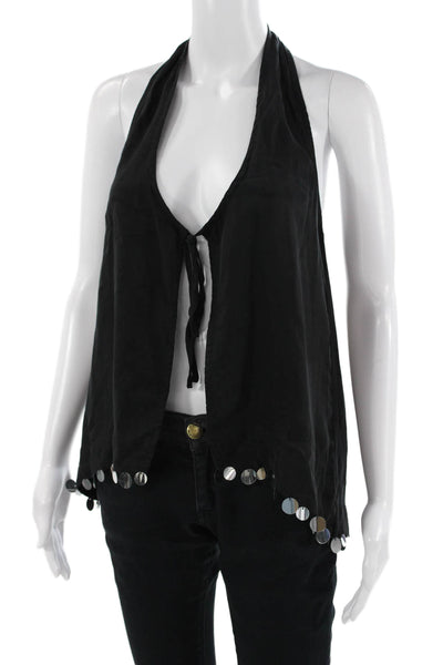 VRG GRL Womens Boho Sleeveless Drawstring Tank Top Black Cupro Rayon Size 6