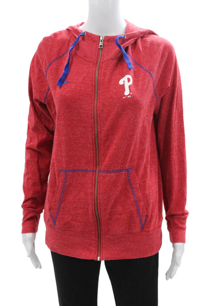 Nike Women Full Zip Hoodie Red 100% Cotton Drawstring Long Sleeve Size L