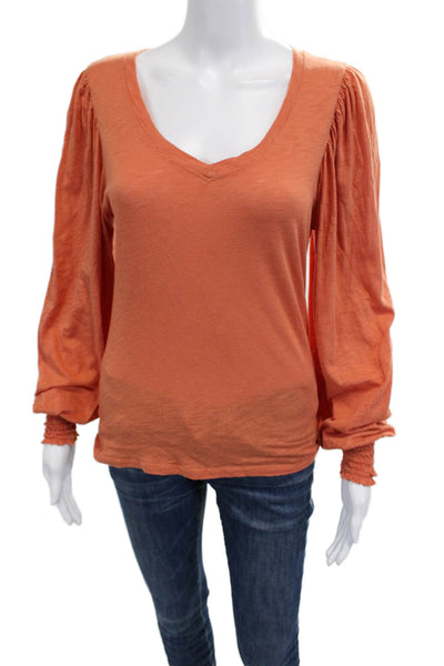 Elan Women Orange V-Neck Long Sleeve Basic Blouse Size S