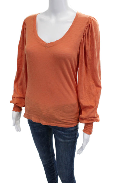 Elan Women Orange V-Neck Long Sleeve Basic Blouse Size S
