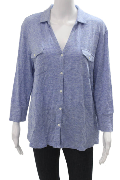 J. Mclaughlin Women Blue Collared Button-Up 3/4 Sleeve Linen Blend Size XL