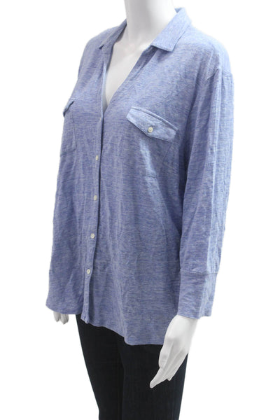 J. Mclaughlin Women Blue Collared Button-Up 3/4 Sleeve Linen Blend Size XL