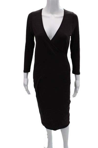 James Perse Women Bodycon Wrap Dress Black V-Neck 3/4 Sleeve Mid-Calf Size 2