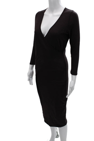 James Perse Women Bodycon Wrap Dress Black V-Neck 3/4 Sleeve Mid-Calf Size 2
