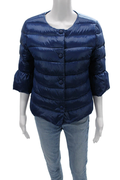 Trussardi Womens Blue Quilted Puffer Jacket Button Closure Size 44