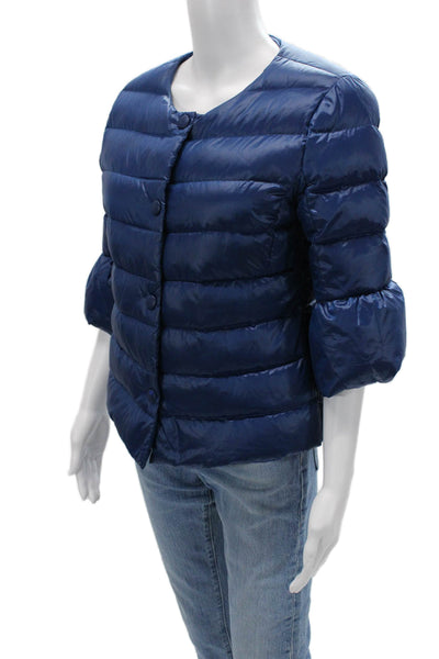 Trussardi Womens Blue Quilted Puffer Jacket Button Closure Size 44