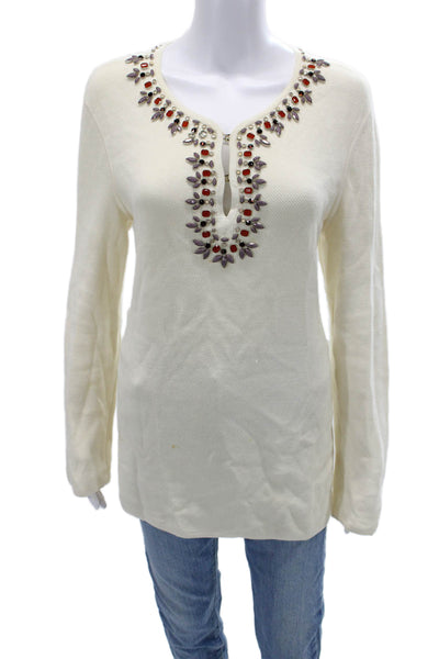 Tory Burch Women Henley Pullover Sweater Beige Button Cotton Long Sleeve Size L