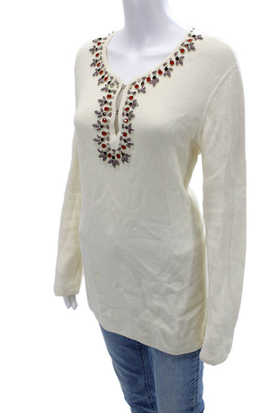 Tory Burch Women Henley Pullover Sweater Beige Button Cotton Long Sleeve Size L