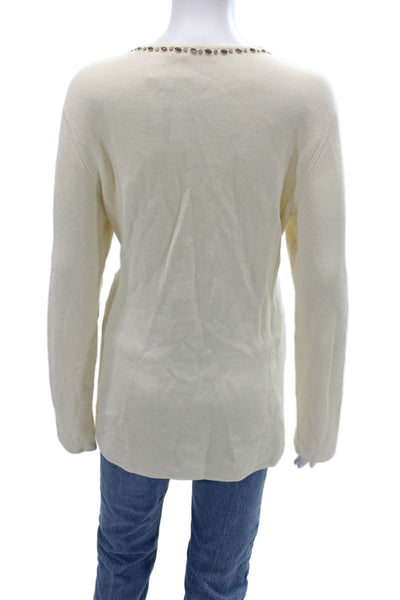 Tory Burch Women Henley Pullover Sweater Beige Button Cotton Long Sleeve Size L