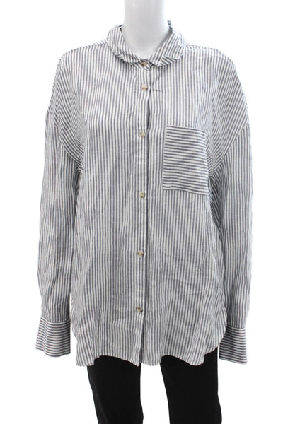 ONIA Women Linen Lyocell Striped Collared Button-Up Long Sleeve White Size L