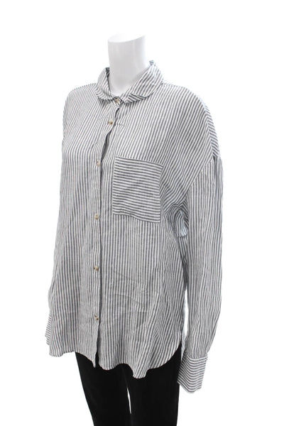 ONIA Women Linen Lyocell Striped Collared Button-Up Long Sleeve White Size L
