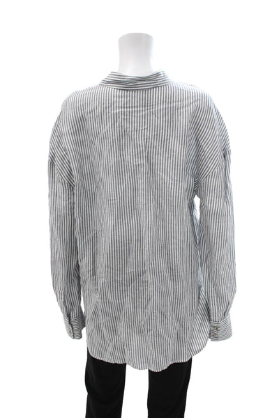 ONIA Women Linen Lyocell Striped Collared Button-Up Long Sleeve White Size L