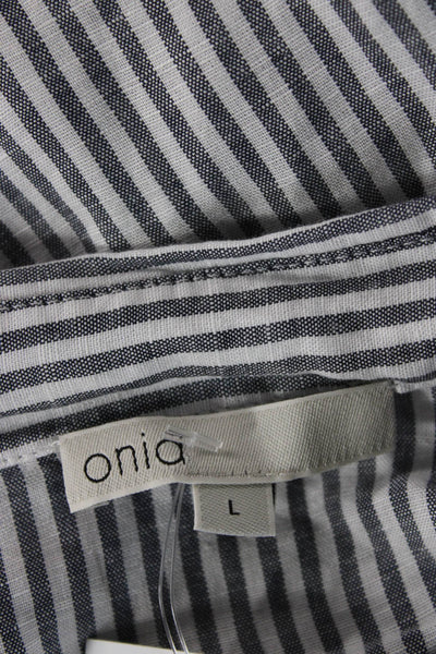 ONIA Women Linen Lyocell Striped Collared Button-Up Long Sleeve White Size L
