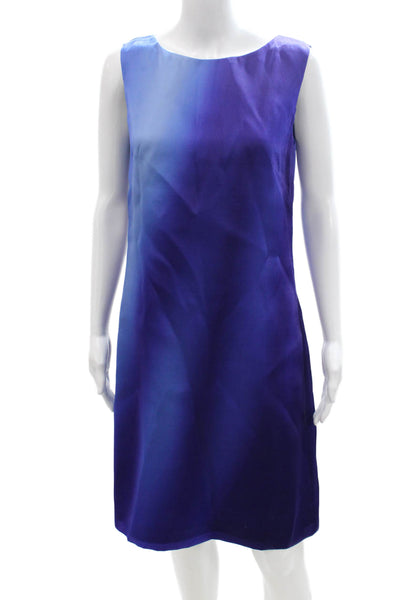 Elie Tahari Women Shift Dress Blue Satin Sleeveless Zip Mid-Calf Size M