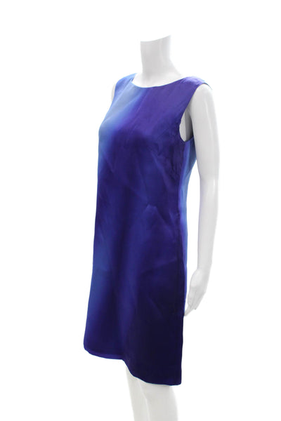 Elie Tahari Women Shift Dress Blue Satin Sleeveless Zip Mid-Calf Size M