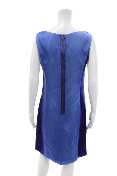 Elie Tahari Women Shift Dress Blue Satin Sleeveless Zip Mid-Calf Size M