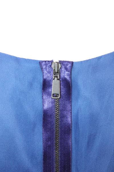 Elie Tahari Women Shift Dress Blue Satin Sleeveless Zip Mid-Calf Size M