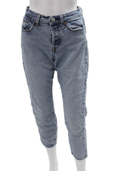 Levis Women Cropped Ankle Mom Jeans Light Blue High Rise Button Size 26