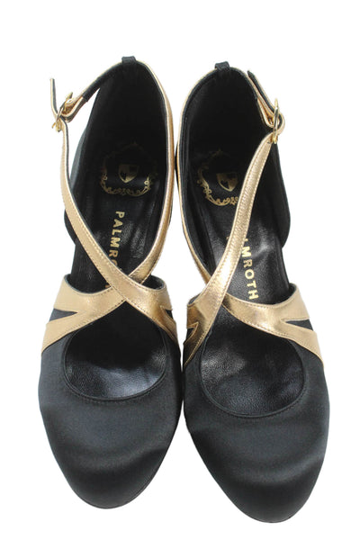 Pertti Palmroth Womens Closed Toe Ankle Strap Gold Tone Pumps Black Size 6.5