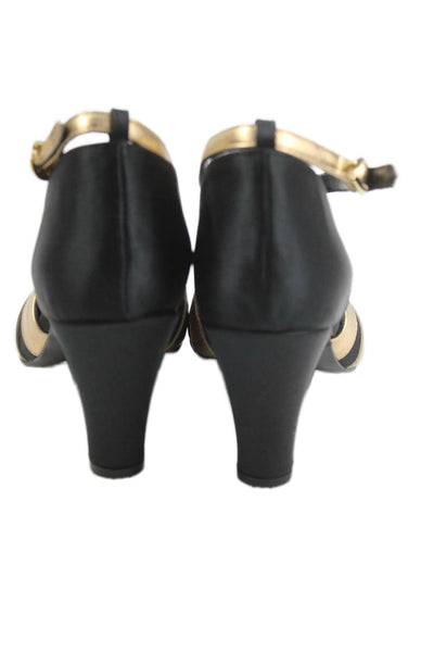 Pertti Palmroth Womens Closed Toe Ankle Strap Gold Tone Pumps Black Size 6.5