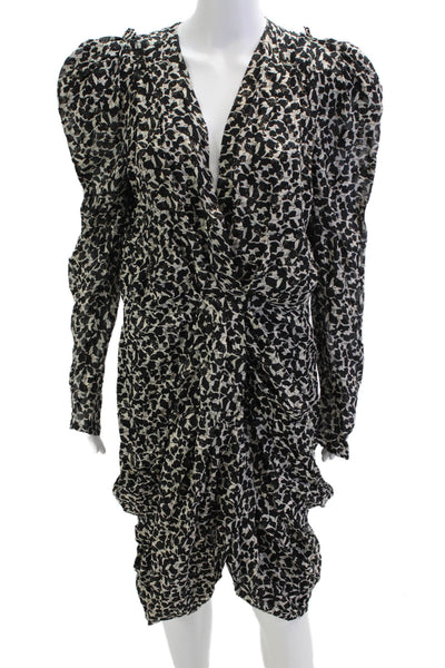 Isabel Marant Women Black Floral Silk V-Neck Long Sleeve Dress Size 44