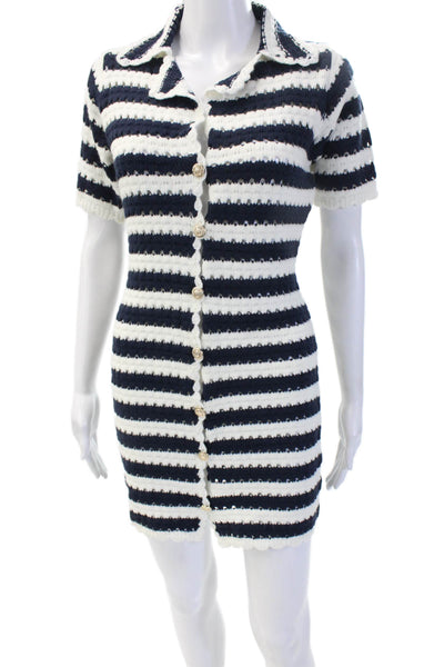 Fore Women Striped Collared Shirt Dress Dark Blue Short Sleeve Cotton Size XS