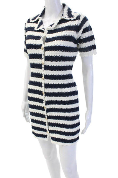 Fore Women Striped Collared Shirt Dress Dark Blue Short Sleeve Cotton Size XS